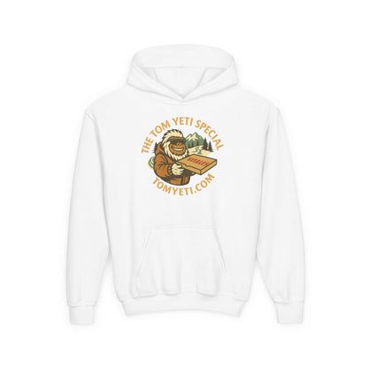 White Tom Yeti Official Vitales Pizza Youth Heavy Blend Hoodie with kangaroo pocket and graphic design