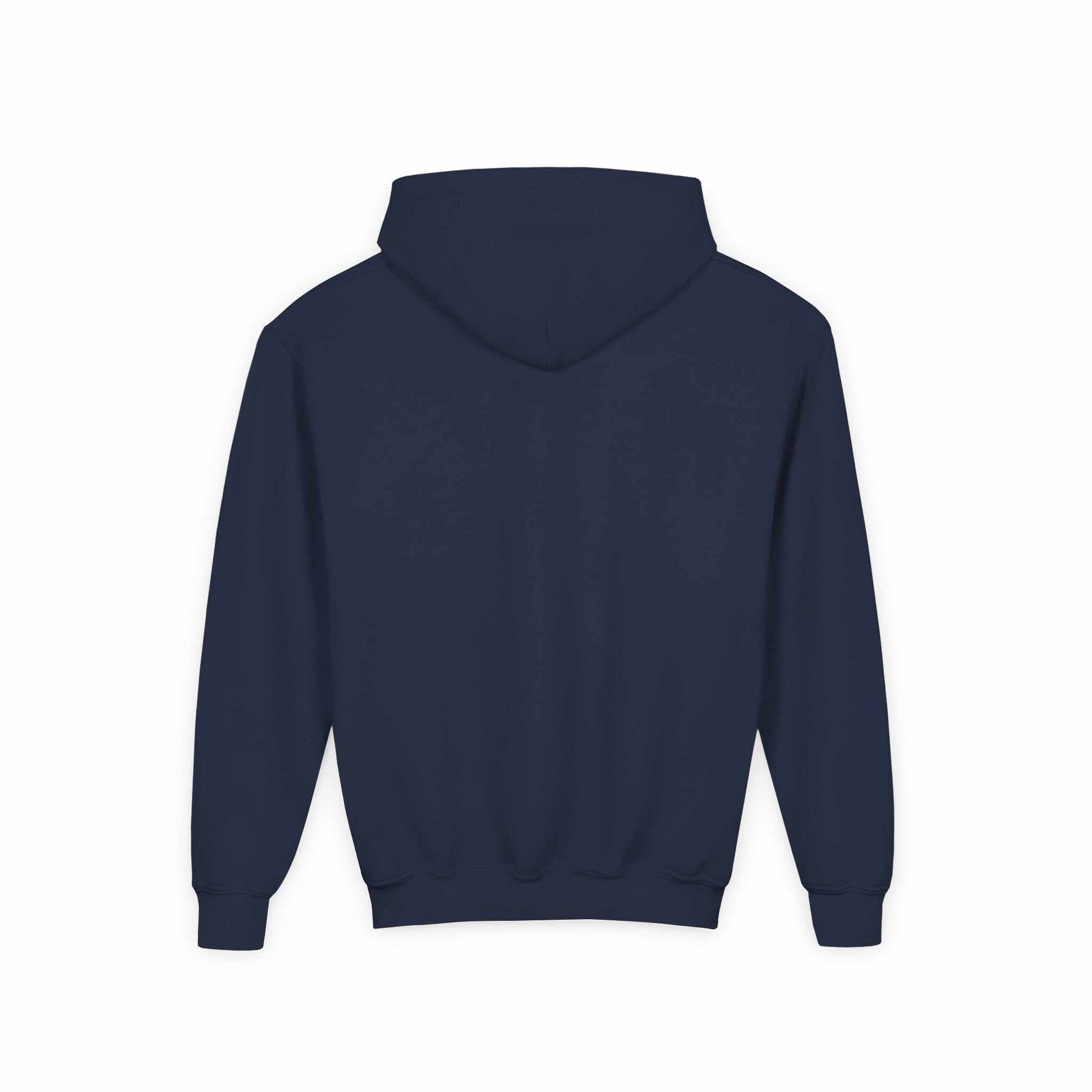 Tom Yeti navy youth hoodie with heavy blend cotton-polyester fabric and kangaroo pocket