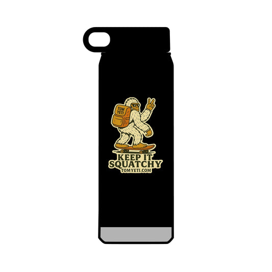 Tom Yeti 32oz black stainless steel water bottle with Keep It Squatchy design and built-in straw.