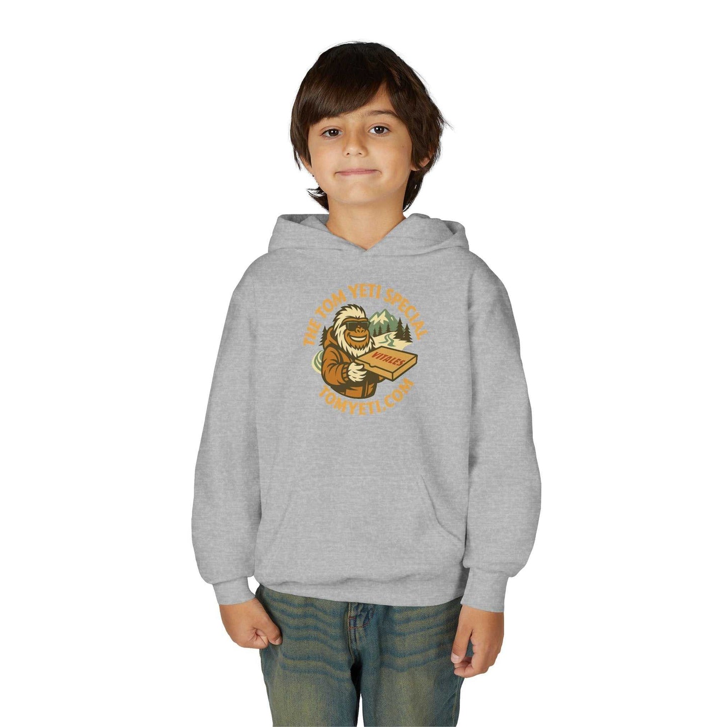Child wearing Tom Yeti Vitales Pizza youth heavy blend grey hoodie with kangaroo pocket and graphic design