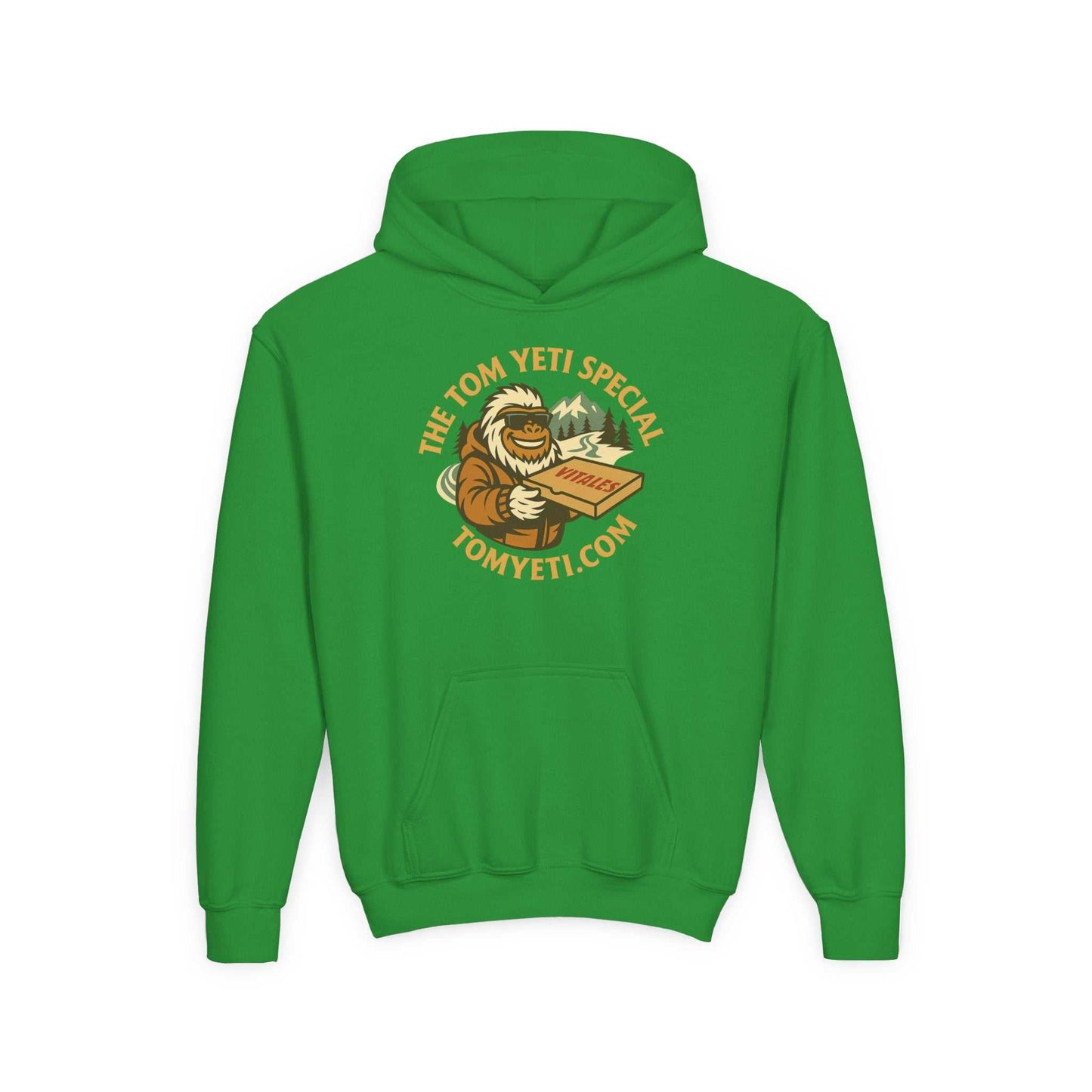 Green Tom Yeti Official Vitales Pizza youth hoodie with kangaroo pocket and pizza graphic design