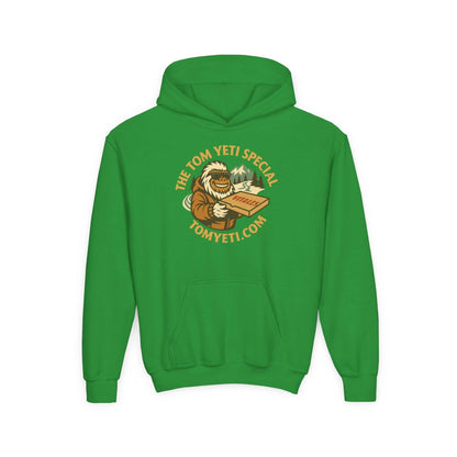 Green Tom Yeti Official Vitales Pizza youth hoodie with kangaroo pocket and pizza graphic design