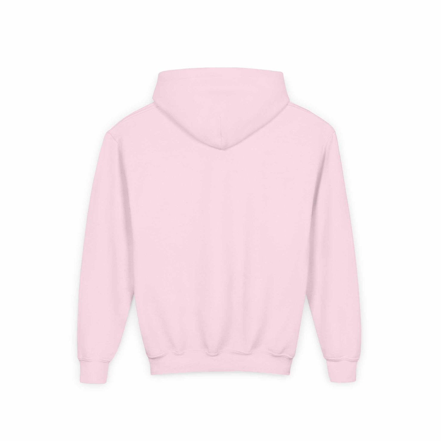 Tom Yeti youth pink heavy blend hoodie back view with hood and kangaroo pocket