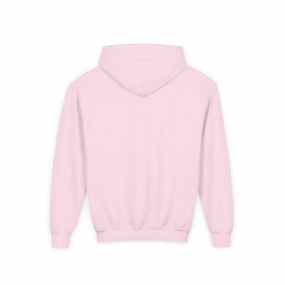 Tom Yeti youth pink heavy blend hoodie back view with hood and kangaroo pocket