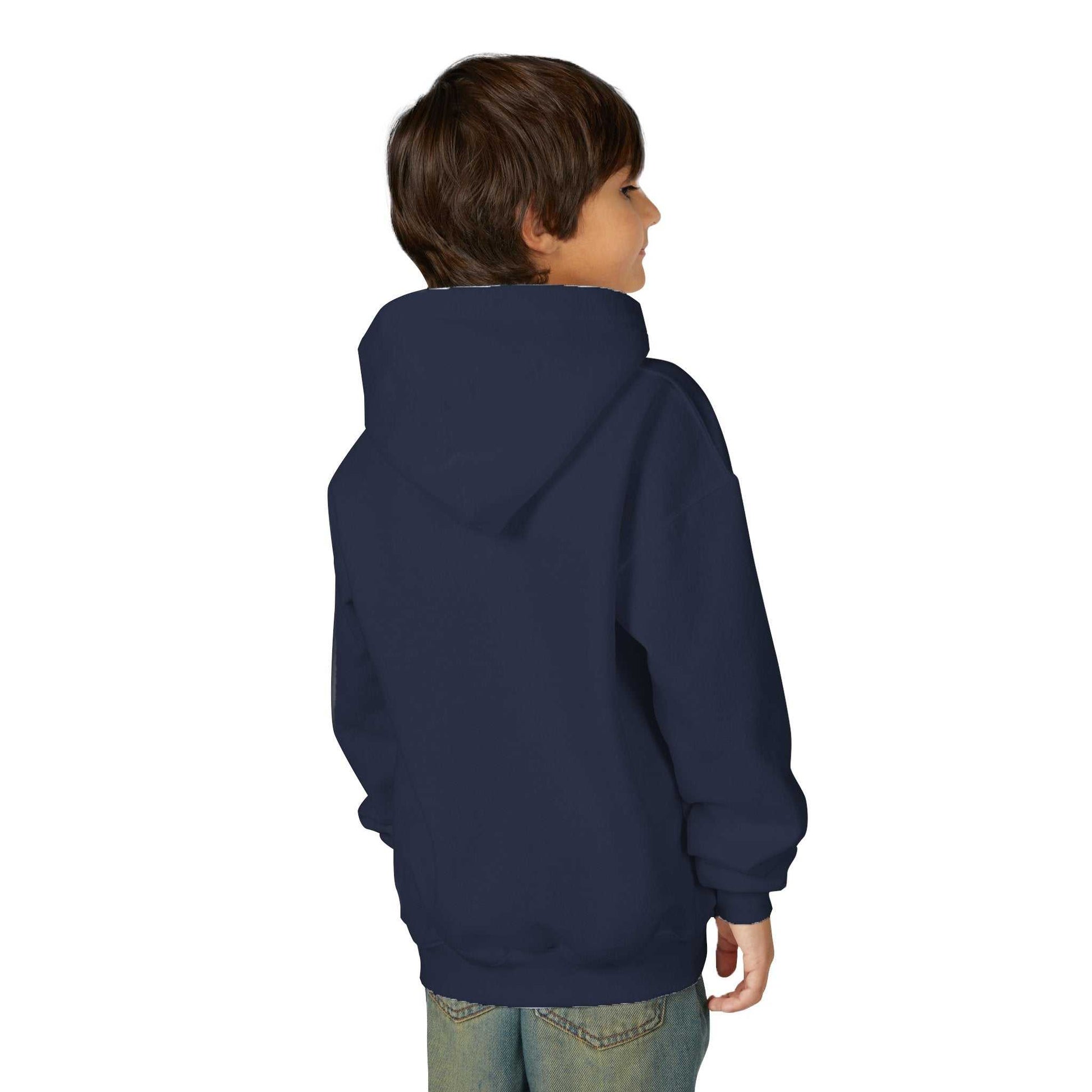 Boy wearing navy blue Tom Yeti Vitales Pizza youth heavy blend hoodie back view
