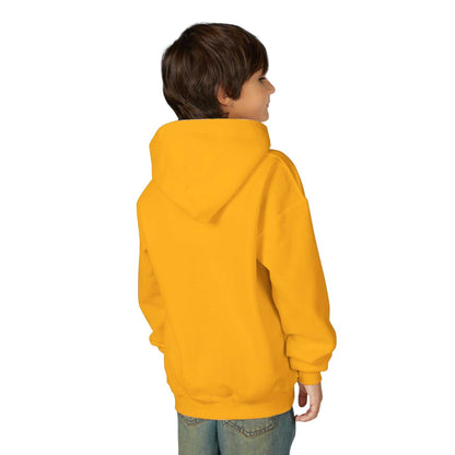 Child wearing yellow Tom Yeti Vitales Pizza youth heavy blend hoodie back view