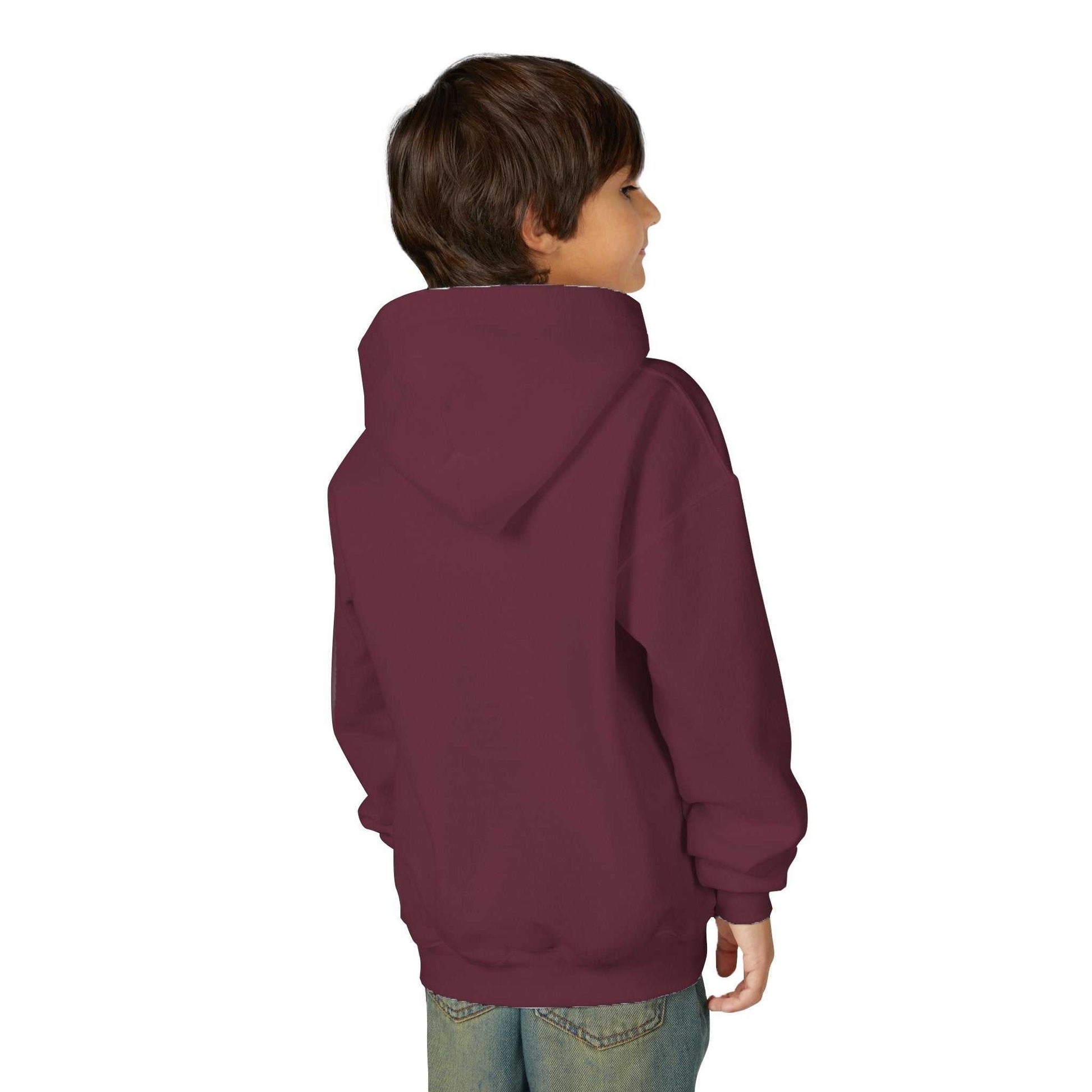 Boy wearing maroon Tom Yeti Vitales Pizza youth heavy blend hoodie back view