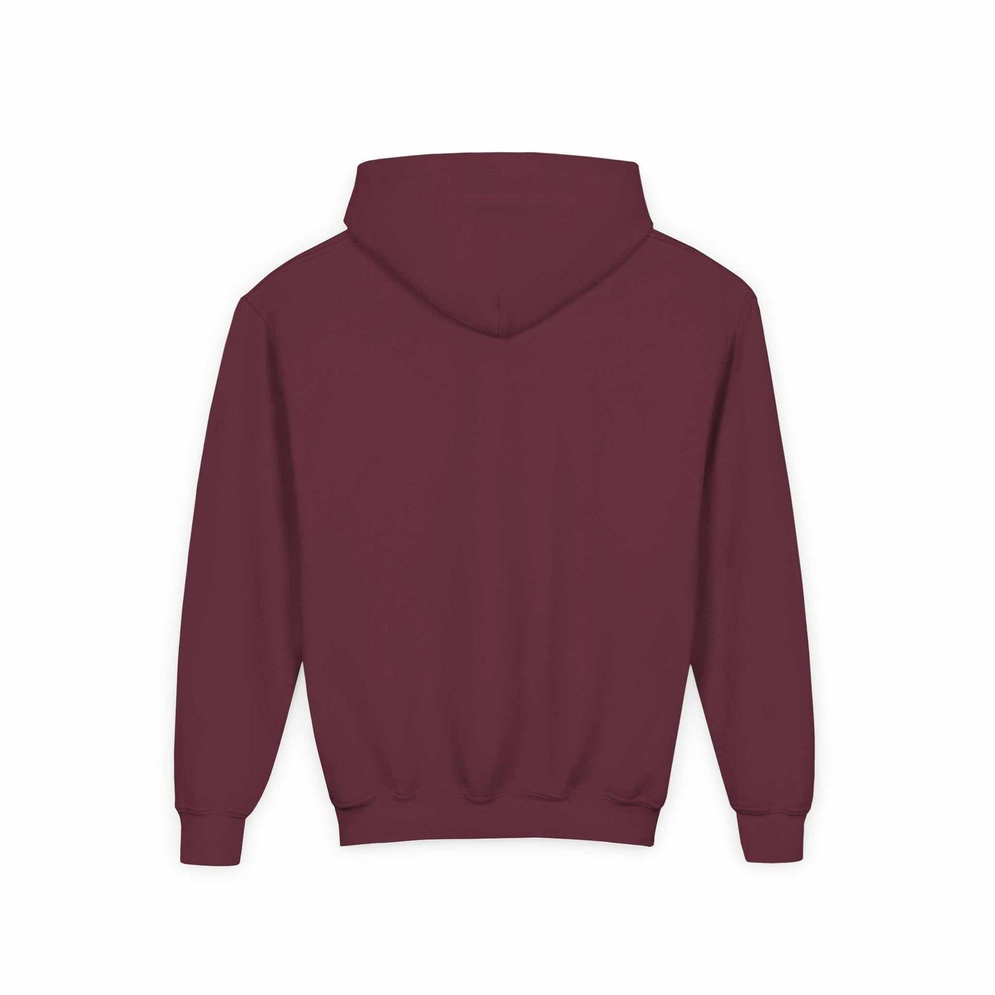 Tom Yeti maroon youth hoodie with kangaroo pocket and heavy blend fabric back view