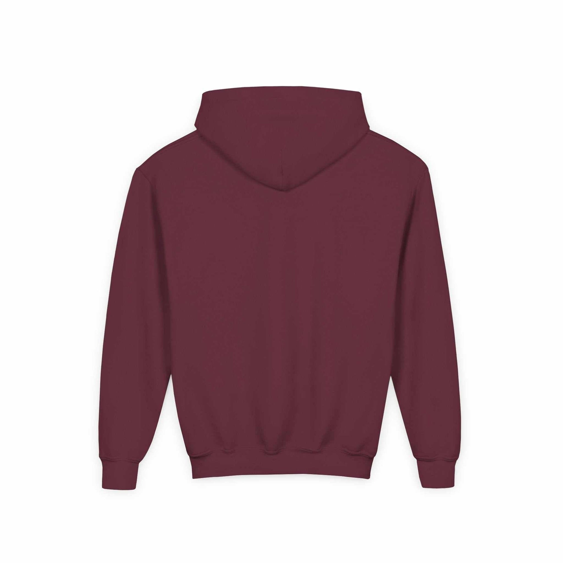 Tom Yeti maroon youth hoodie with kangaroo pocket and heavy blend fabric back view