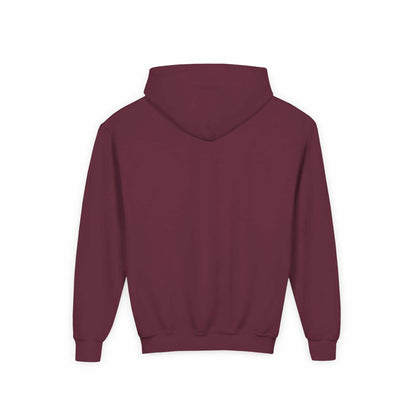 Tom Yeti maroon youth hoodie with kangaroo pocket and heavy blend fabric back view