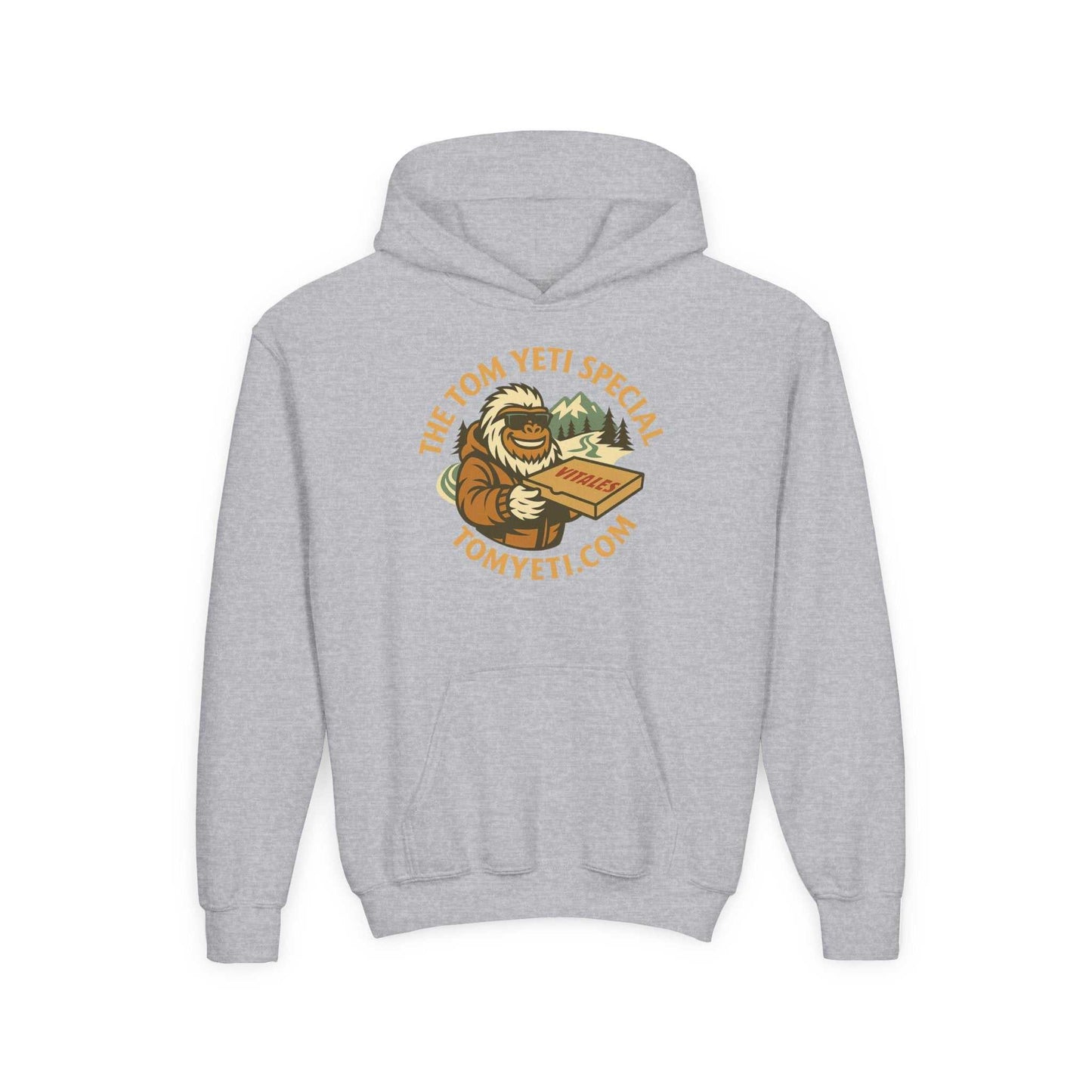 Tom Yeti Official Vitales Pizza Youth Heavy Blend Gray Hooded Sweatshirt with kangaroo pocket and playful pizza design