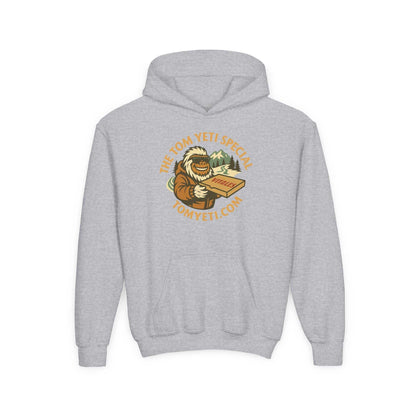 Tom Yeti Official Vitales Pizza Youth Heavy Blend Gray Hooded Sweatshirt with kangaroo pocket and playful pizza design