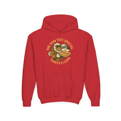 Red Tom Yeti Official Vitales Pizza youth hoodie with front kangaroo pocket and graphic logo