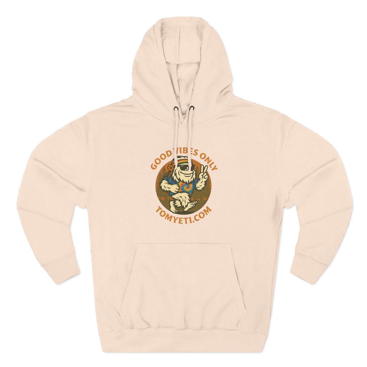 Tom Yeti Hoodie with Good Vibes Only graphic and kangaroo pocket in beige color