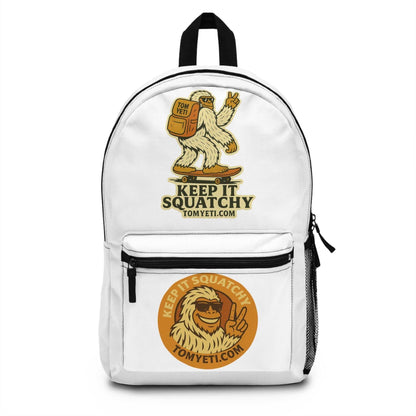 Tom Yeti Official Adventure Backpack white with cartoon yeti design and padded straps
