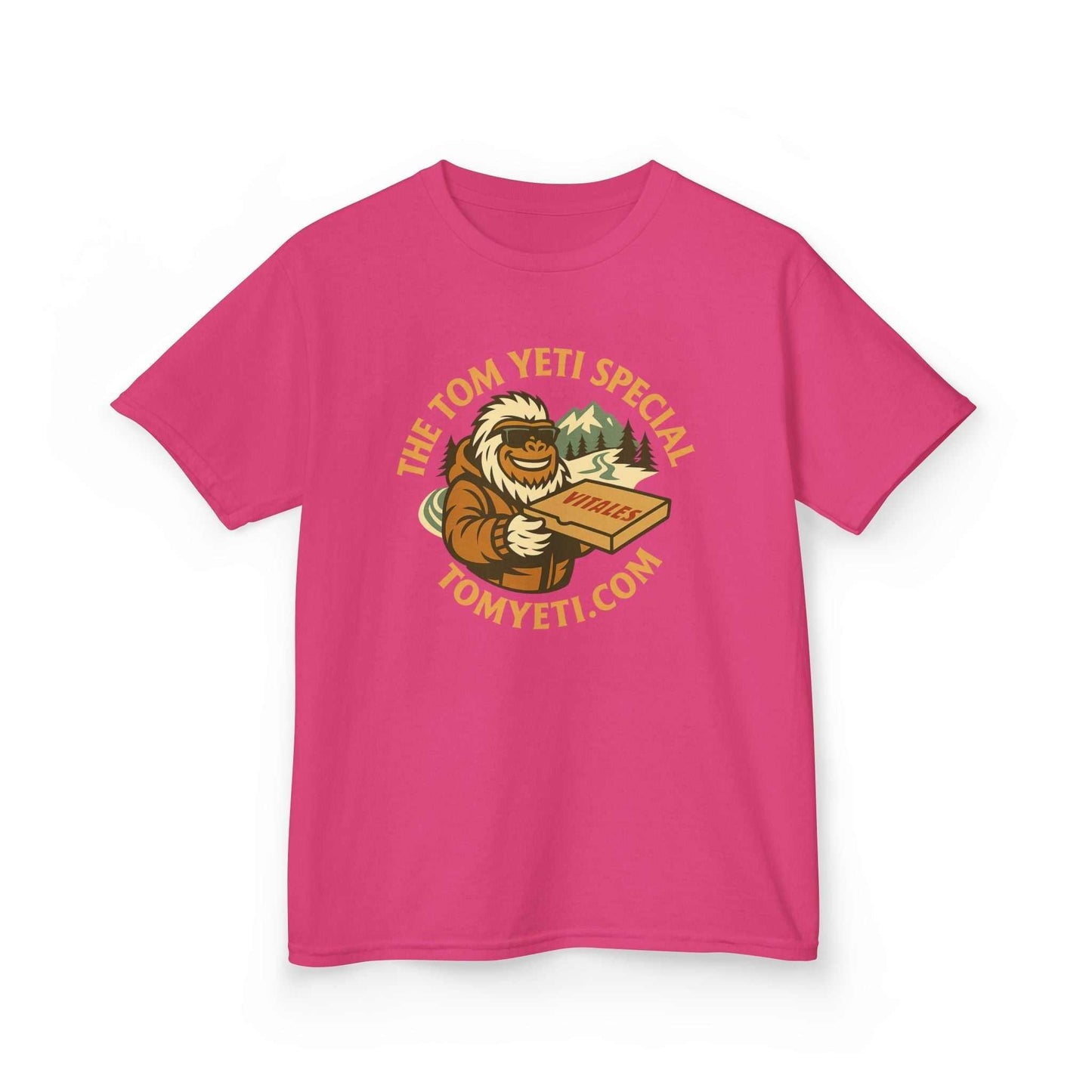 Tom Yeti Official Vitales kids heavy cotton pink t-shirt with cartoon mascot and logo design