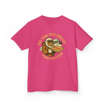 Tom Yeti Official Vitales kids heavy cotton pink t-shirt with cartoon mascot and logo design