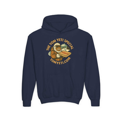 Tom Yeti Official Vitales Pizza youth navy hoodie with kangaroo pocket and pizza graphic