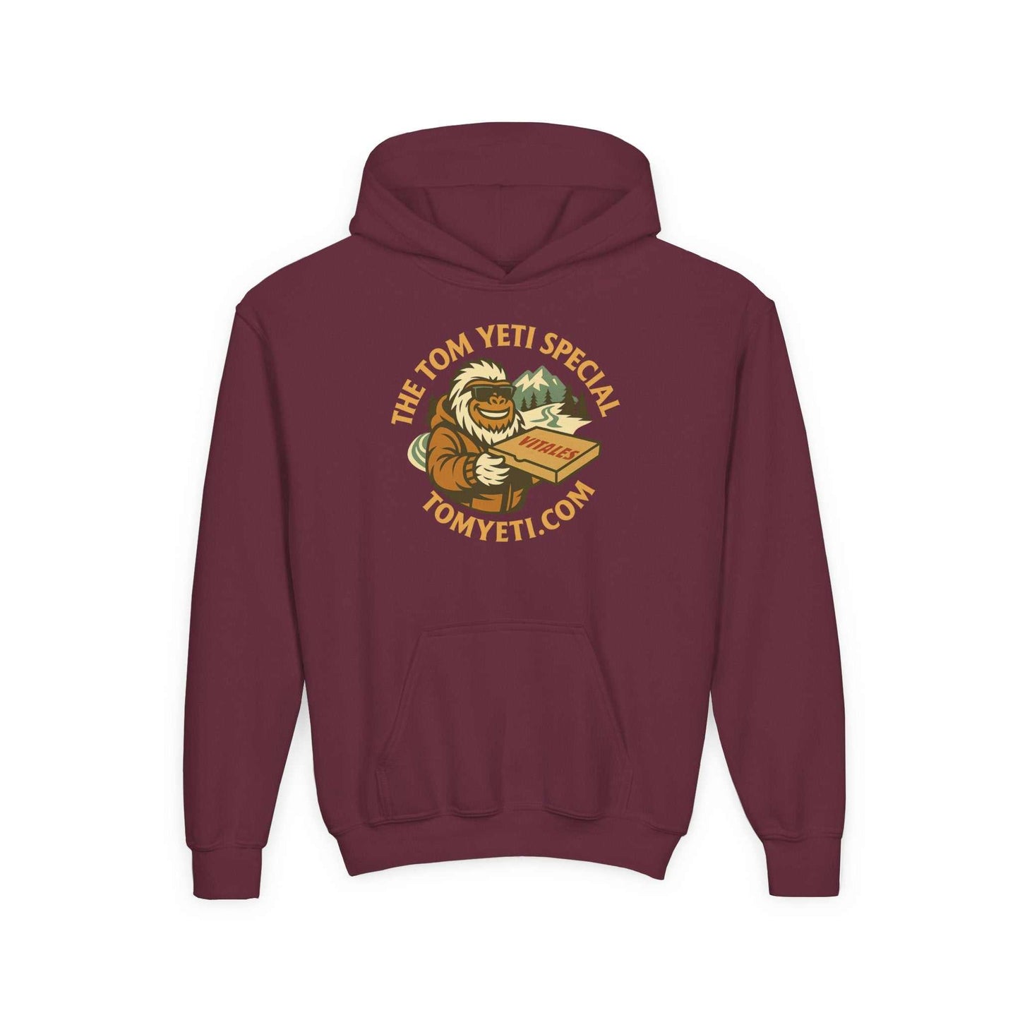 Tom Yeti Official maroon youth hoodie with pizza graphic and kangaroo pocket