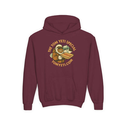 Tom Yeti Official maroon youth hoodie with pizza graphic and kangaroo pocket