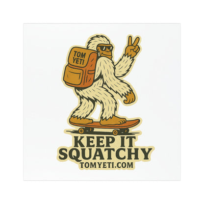 Tom Yeti Keep It Squatchy car magnet with skateboarding yeti and peace sign design