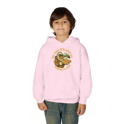 child wearing pink Tom Yeti pizza-themed hoodie with kangaroo pocket