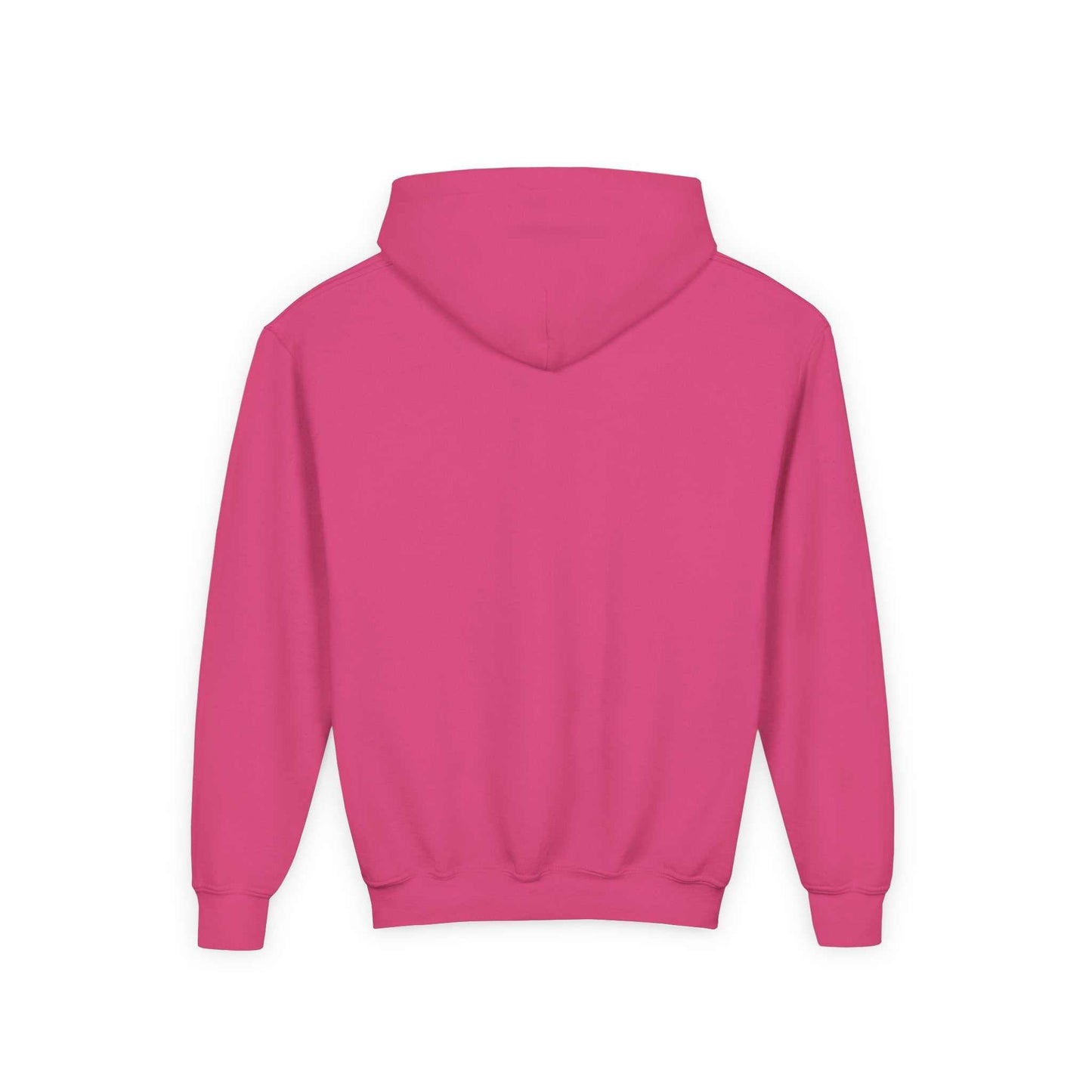 Back view of pink Tom Yeti Official Vitales Pizza youth heavy blend hoodie with hood and kangaroo pocket