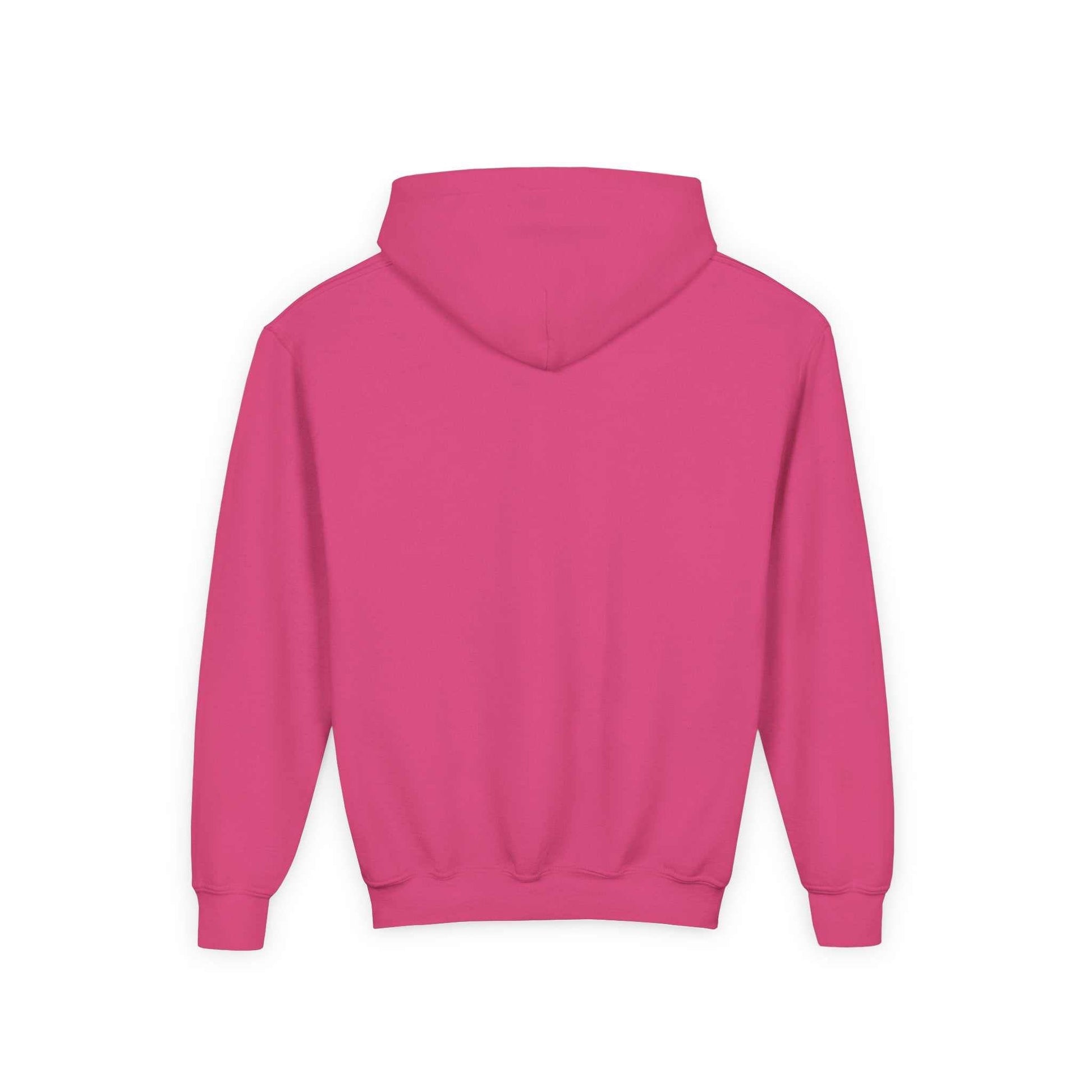 Back view of pink Tom Yeti Official Vitales Pizza youth heavy blend hoodie with hood and kangaroo pocket