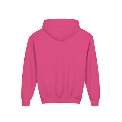 Back view of pink Tom Yeti Official Vitales Pizza youth heavy blend hoodie with hood and kangaroo pocket