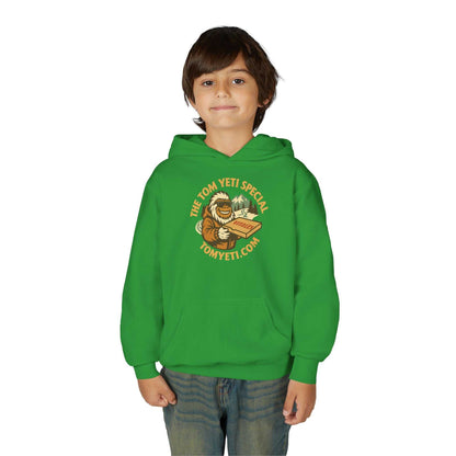 Boy wearing green Tom Yeti Official Vitales Pizza Youth Heavy Blend Hoodie with kangaroo pocket and logo design