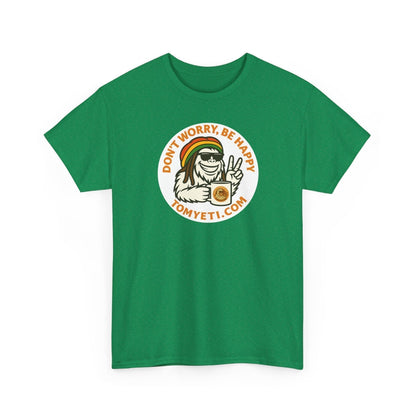 Green cotton T shirt with Tom Yeti Rasta Man graphic and positive vibes design