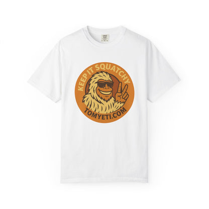 White Tom Yeti T Shirt with Keep It Squatchy graphic and peace sign logo