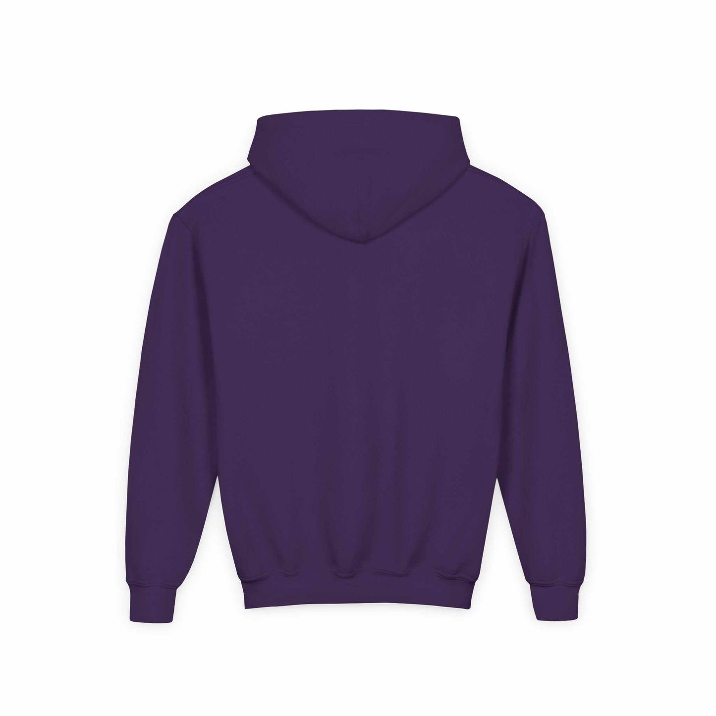 Tom Yeti purple youth heavy blend hoodie with hood and kangaroo pocket back view