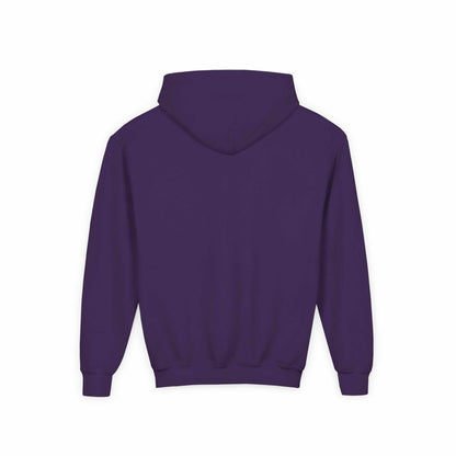 Tom Yeti purple youth heavy blend hoodie with hood and kangaroo pocket back view