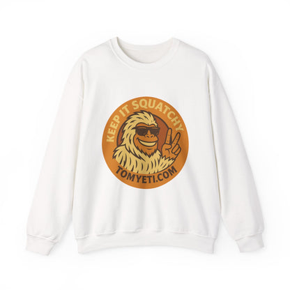 White Tom Yeti Crewneck Sweatshirt with "Keep It Squatchy" logo and comfortable classic fit