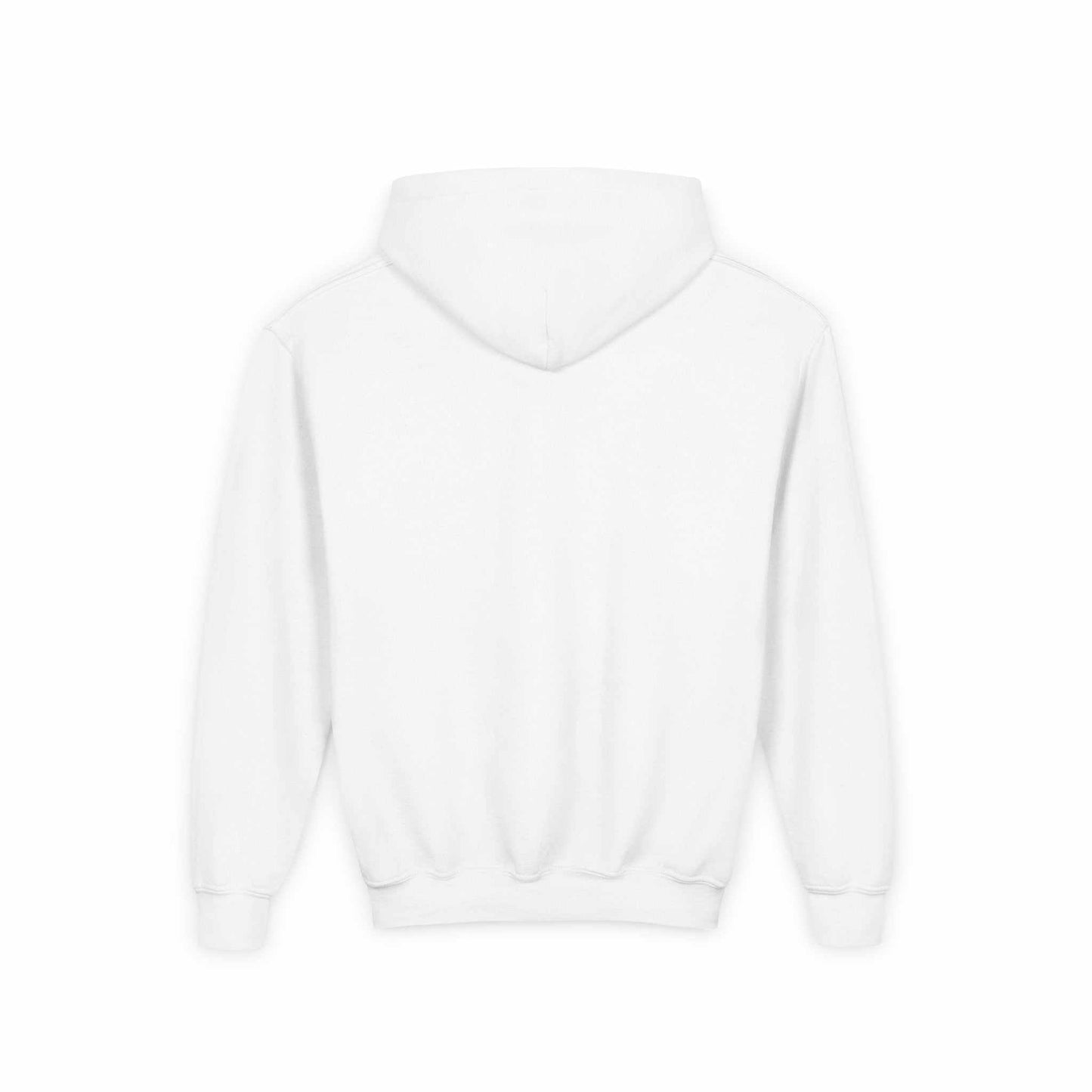 Tom Yeti youth heavy blend white hoodie back view with hood and kangaroo pocket