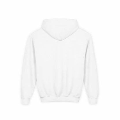 Tom Yeti youth heavy blend white hoodie back view with hood and kangaroo pocket