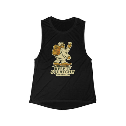 Black Tom Yeti Official Women's Tank Top with "Keep It Squatchy" skateboarding yeti graphic design