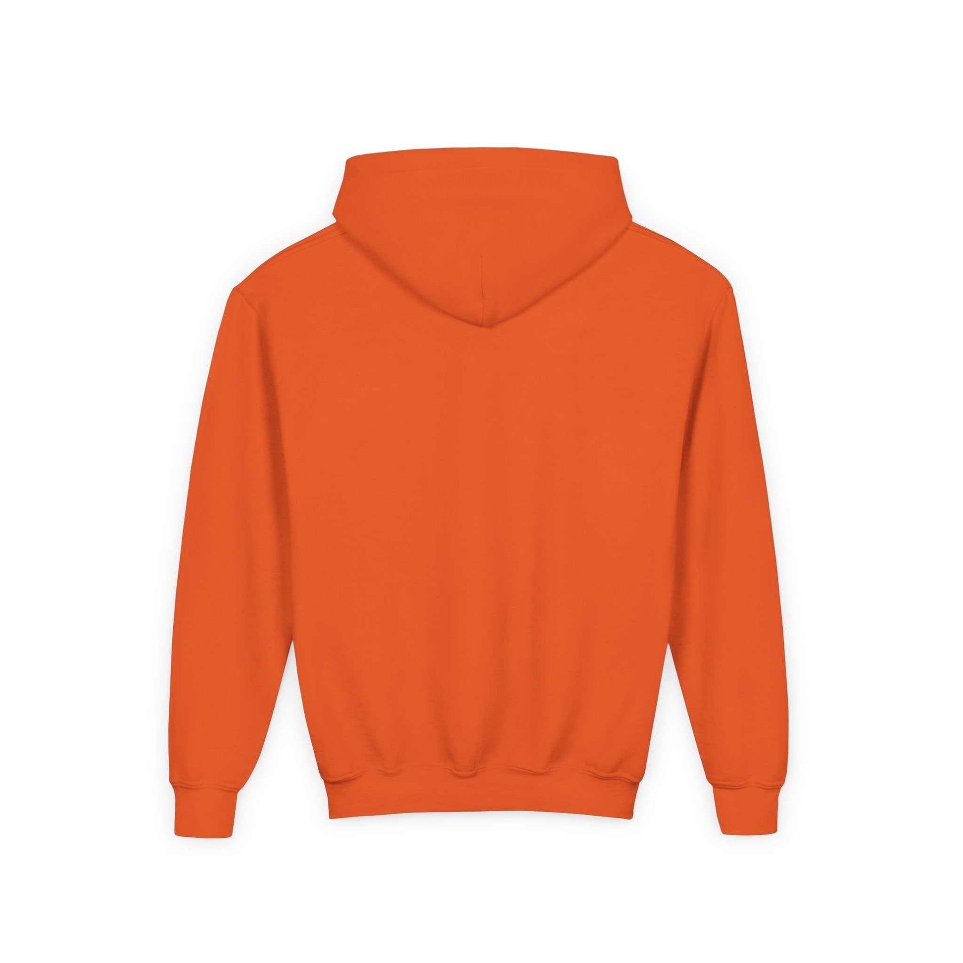 Back view of orange Tom Yeti Official Vitales Pizza Youth Heavy Blend Hoodie with kangaroo pocket and hood
