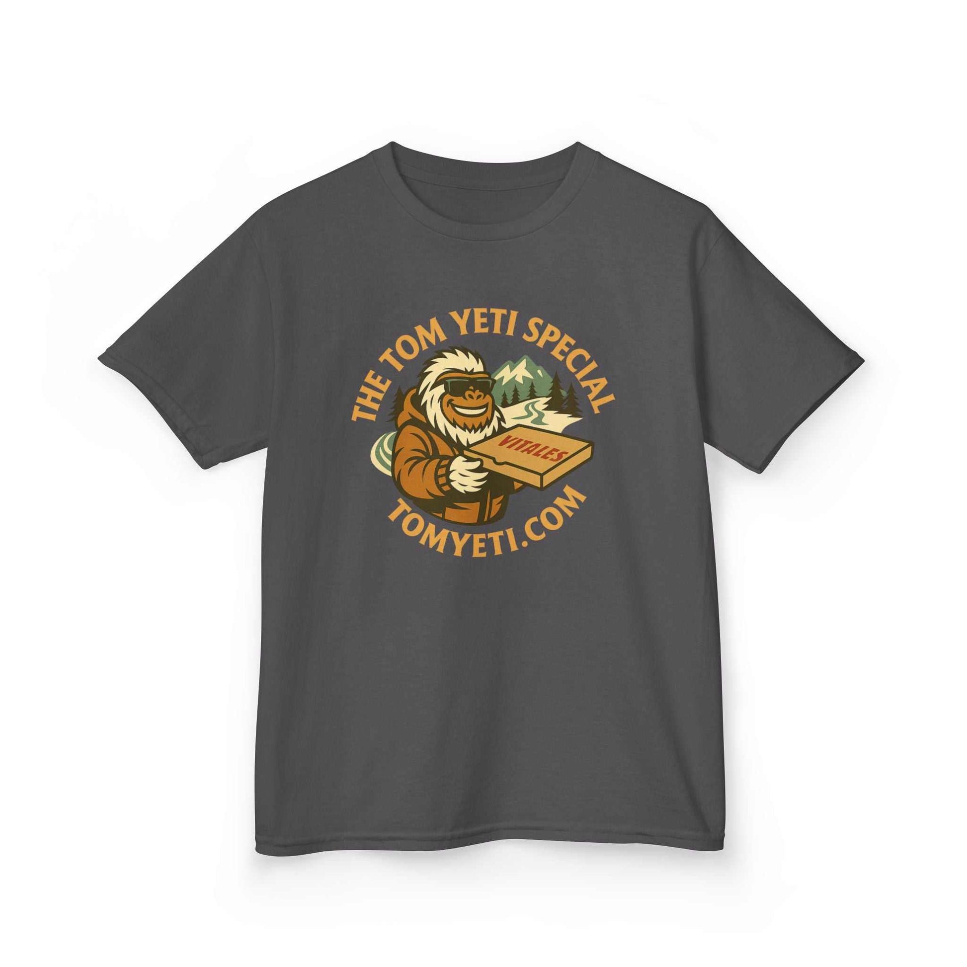 Tom Yeti Official Vitales kids heavy cotton tee with yeti graphic and website text