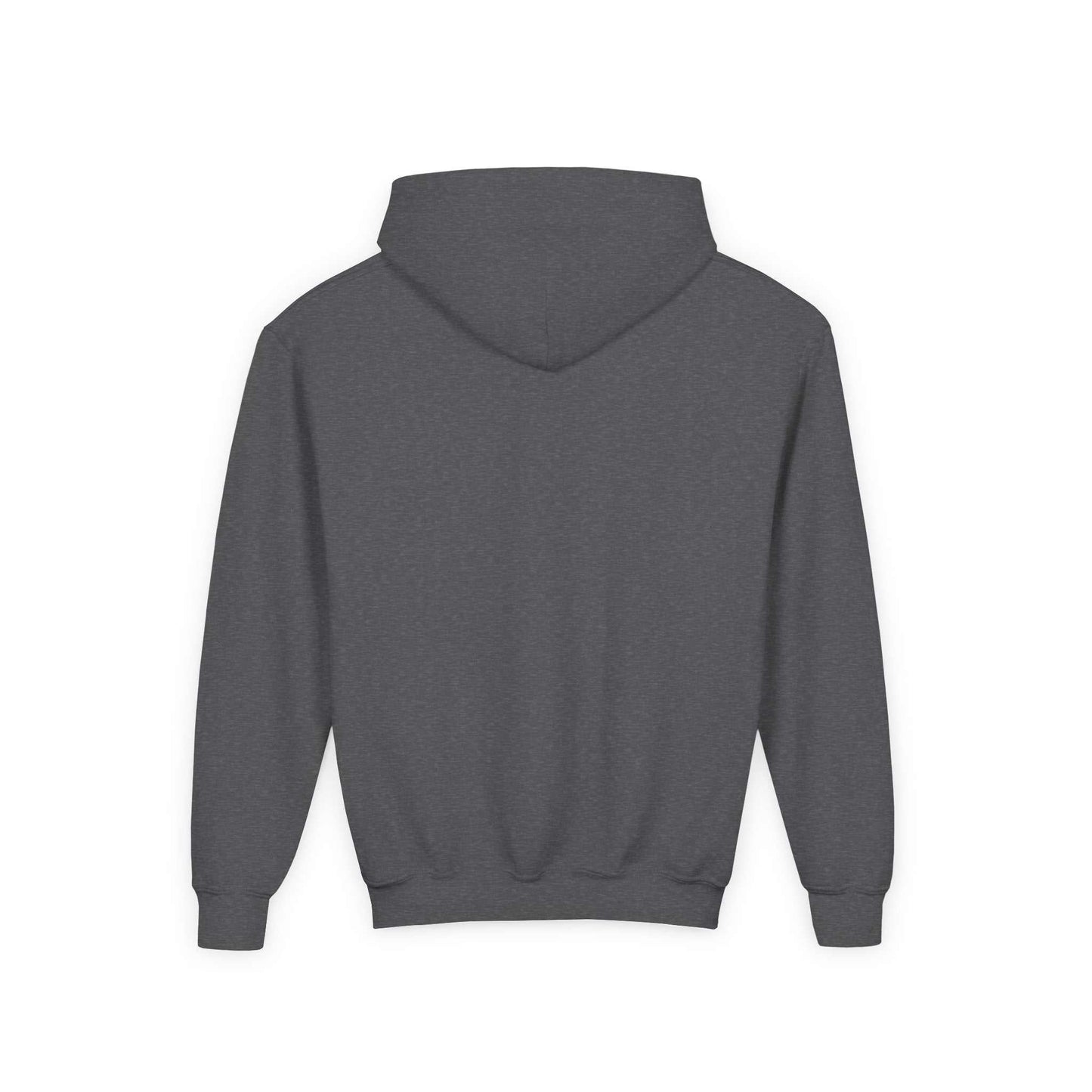 Tom Yeti youth heavy blend hoodie in charcoal gray, back view, with hood and ribbed cuffs