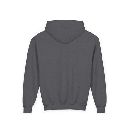 Tom Yeti youth heavy blend hoodie in charcoal gray, back view, with hood and ribbed cuffs