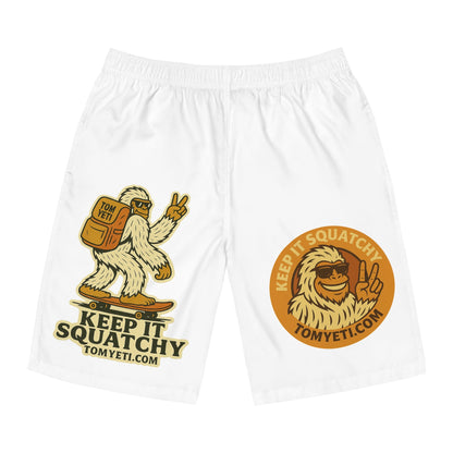 Tom Yeti Official men's white board shorts with skateboard yeti graphic and side pockets