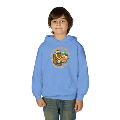 Child wearing blue Tom Yeti Official Vitales Pizza Youth Heavy Blend Hoodie with pizza graphic and kangaroo pocket