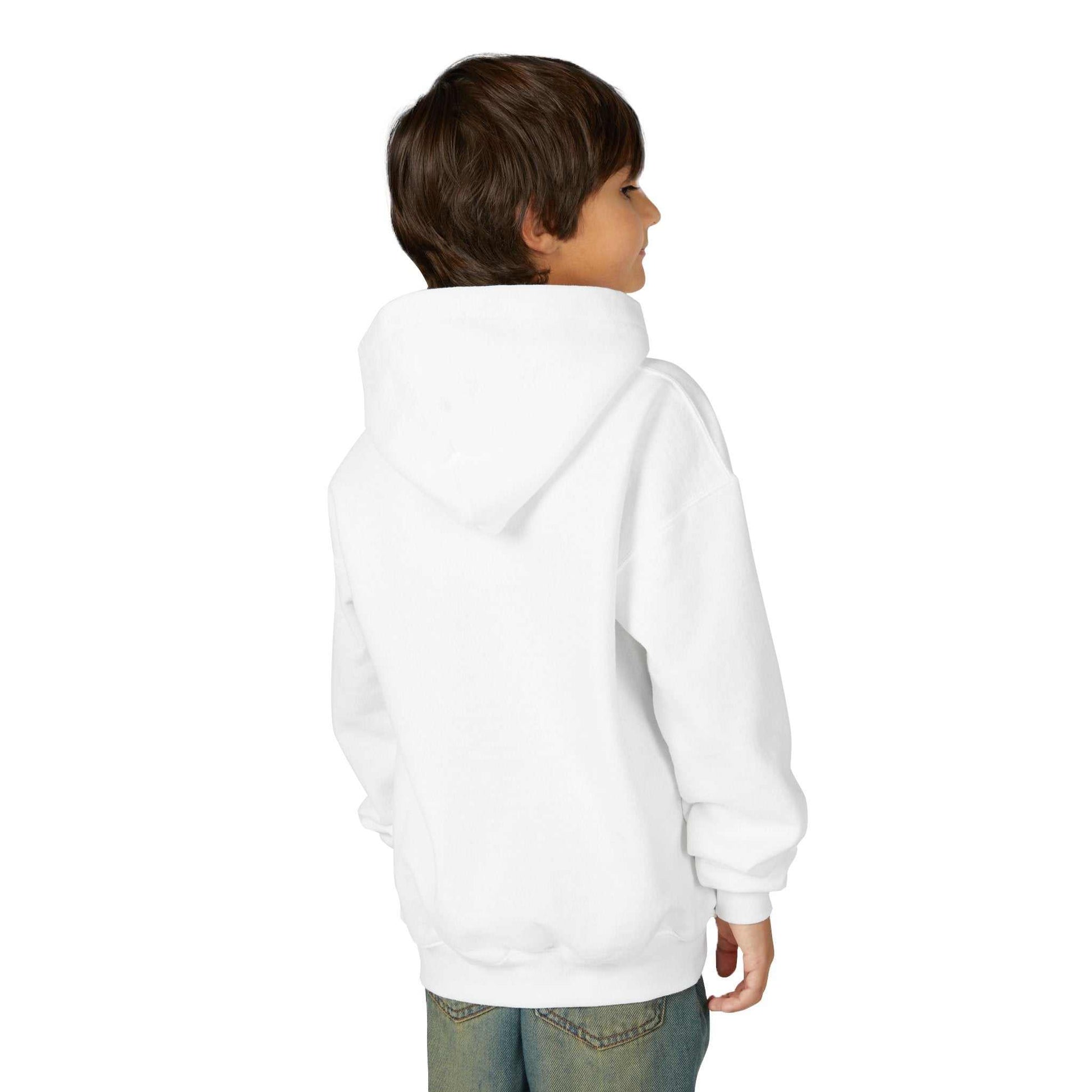 Youth wearing white Tom Yeti Official Vitales Pizza Heavy Blend hoodie back view