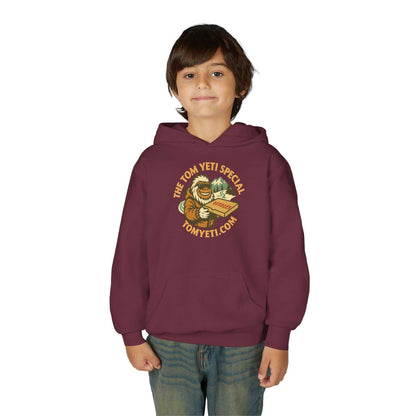 Youth wearing maroon Tom Yeti Official Vitales Pizza Heavy Blend Hoodie with kangaroo pocket and pizza graphic