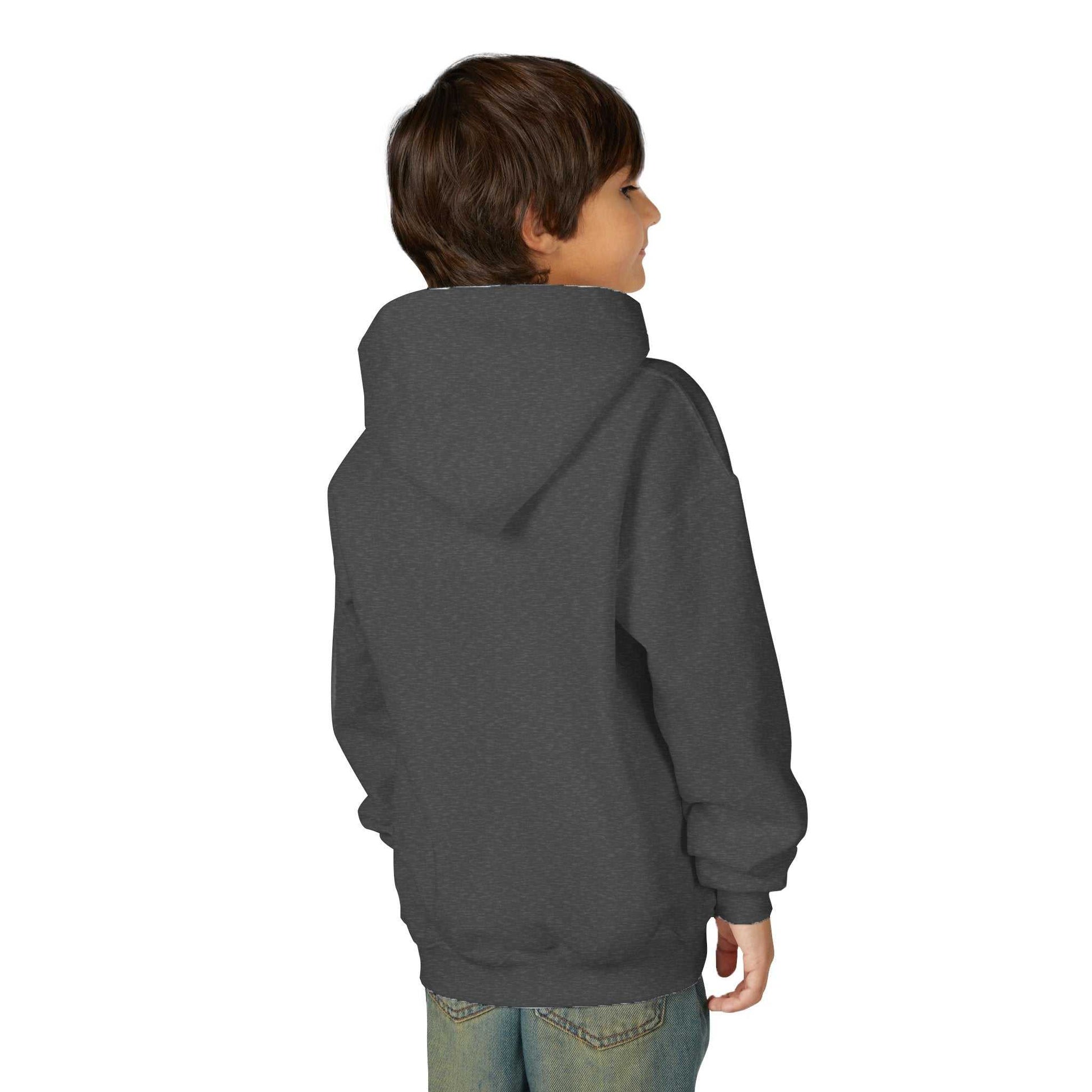 Tom Yeti youth heavy blend hoodie in dark gray, back view on child model