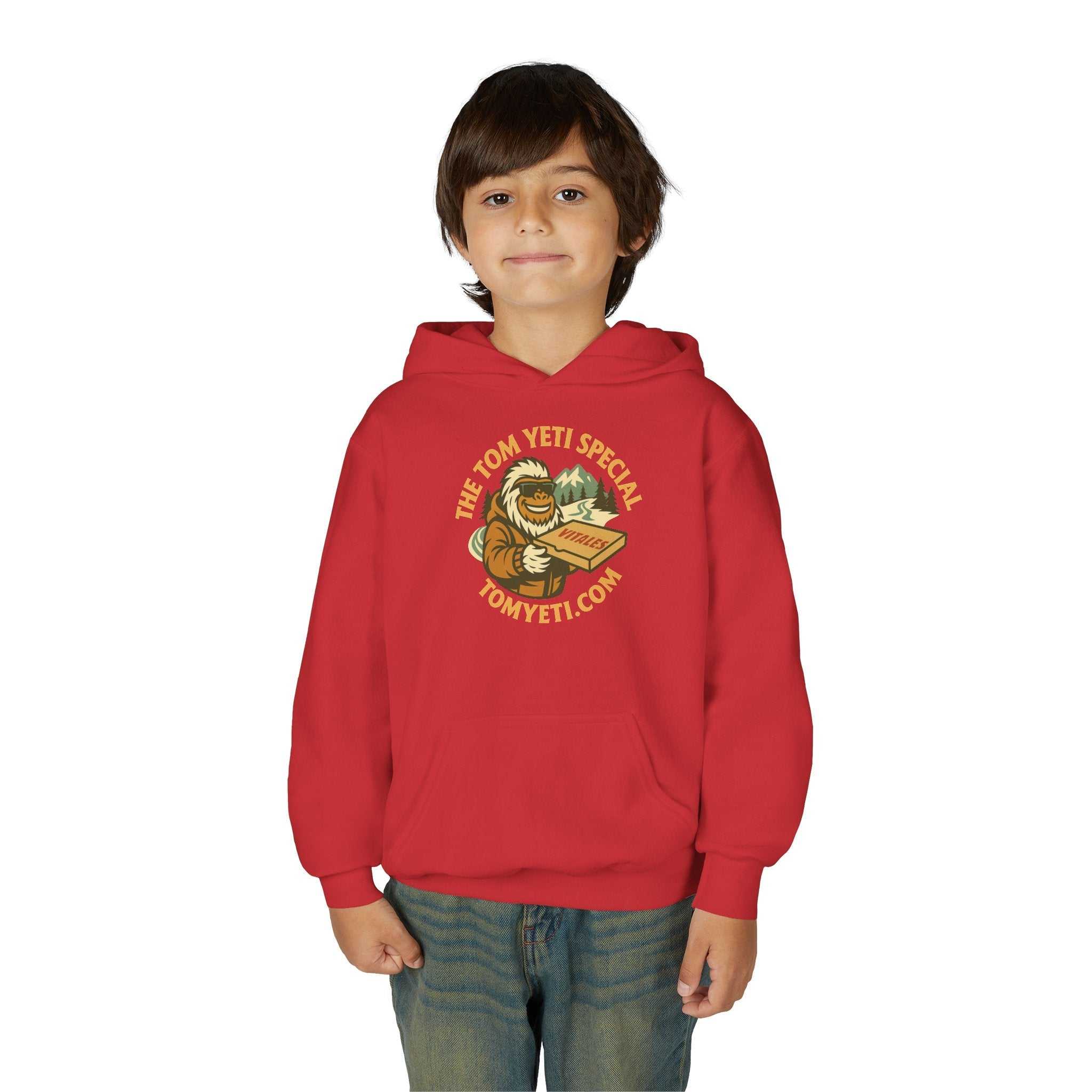 Youth wearing red Tom Yeti Official Vitales Pizza Heavy Blend Hoodie with kangaroo pocket and logo design