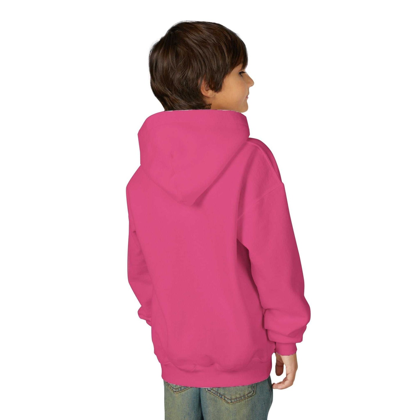 Child wearing pink Tom Yeti Official Vitales Pizza youth heavy blend hoodie viewed from the back