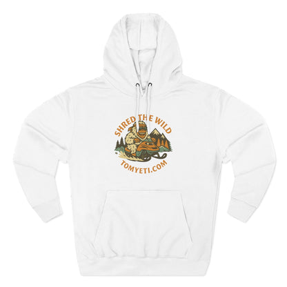 White Tom Yeti snowmobiling hoodie with "Shred the Wild" graphic and kangaroo pocket